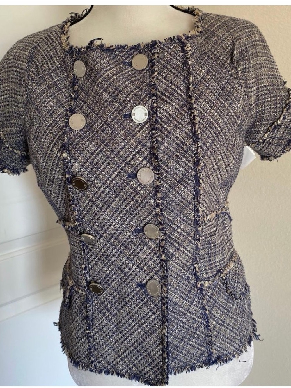 BCBGMaxAzria Navy & Cream Woven Tweed Jacket